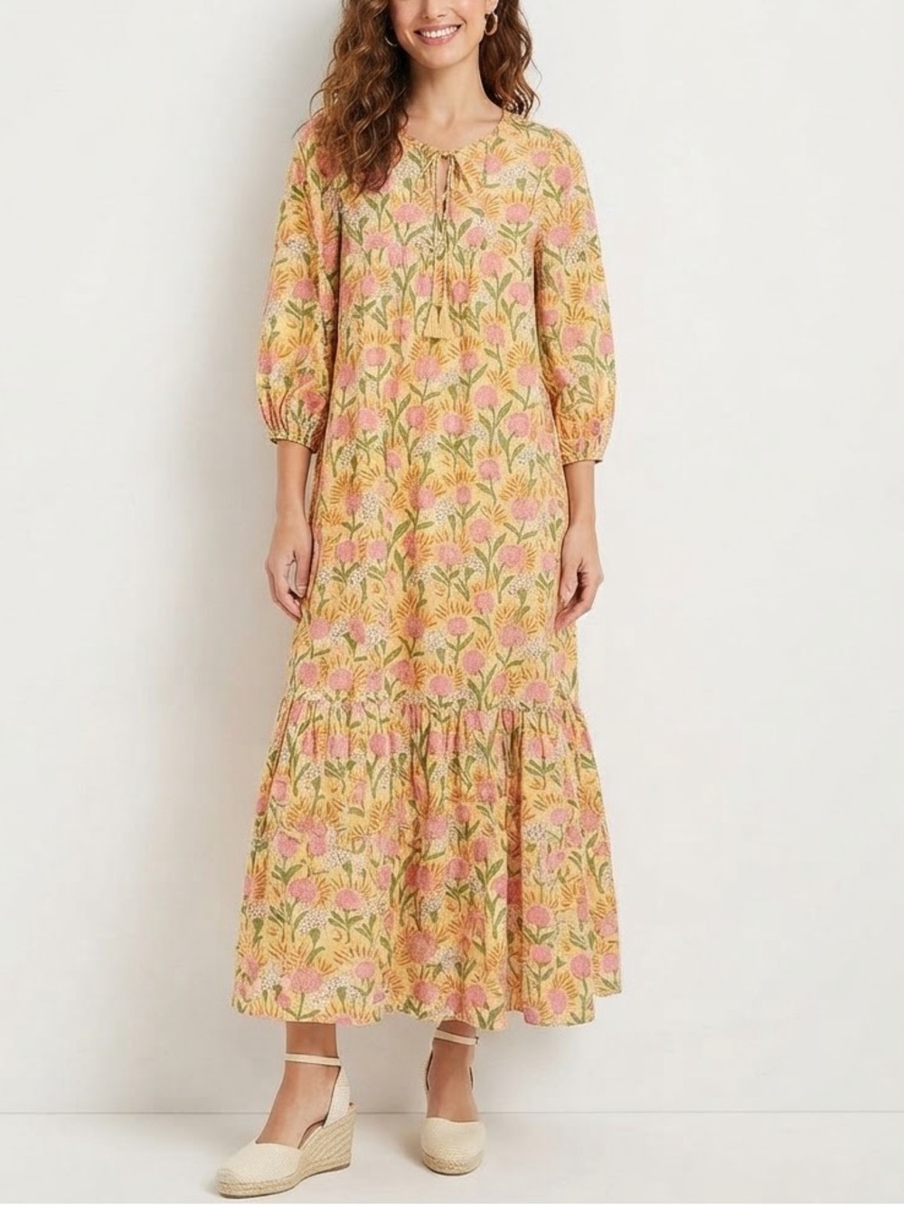 SUNSHINE TIENDA Hand Block Print Tassel Tie Tiered Ruffle Maxi Dress Yellow M❤️